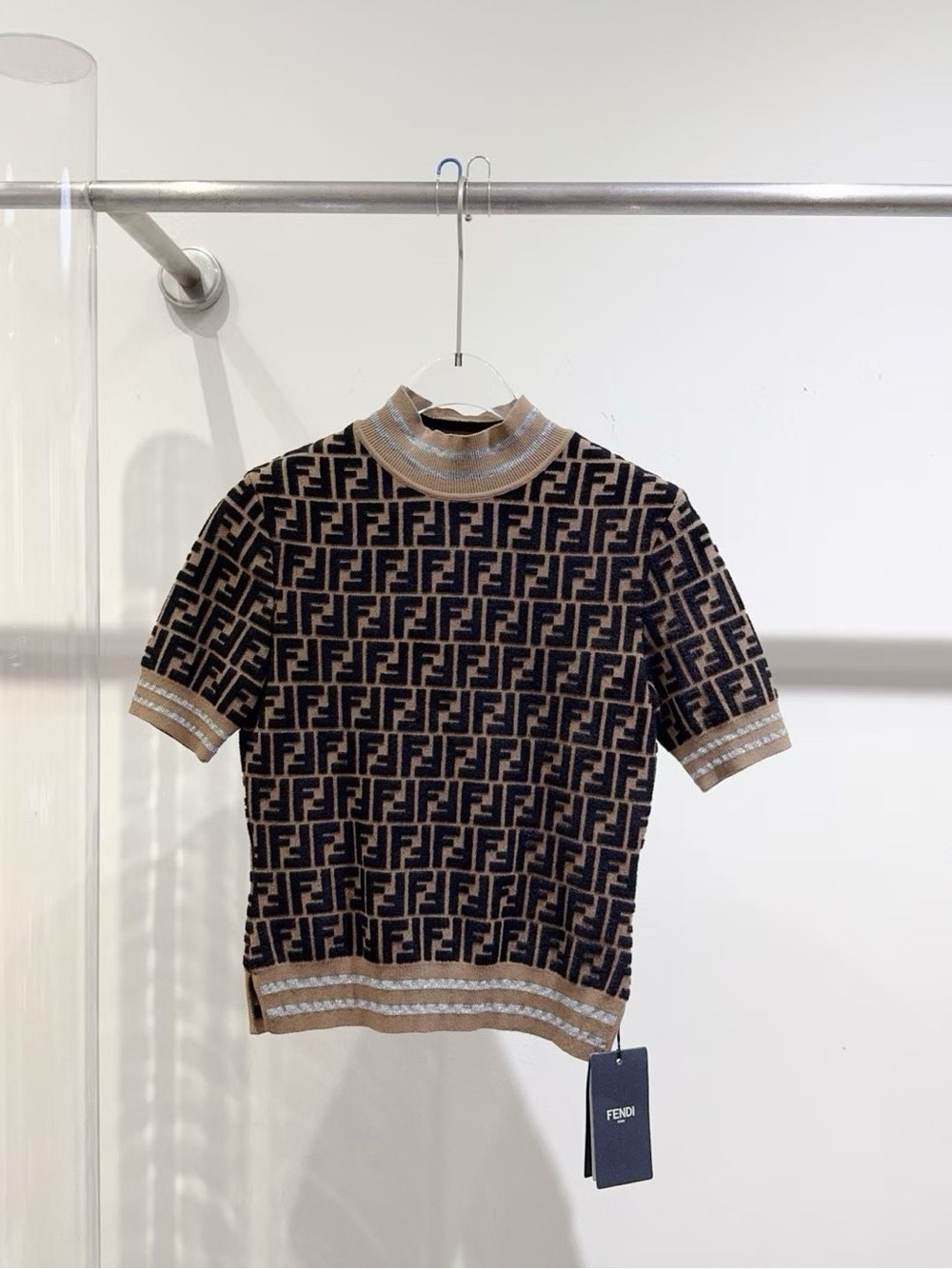 Fendi Short Sleeve FF Monogram Knit Top in Black and Tan
